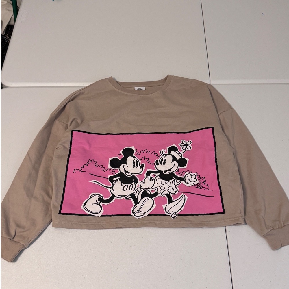 Disney Mickey Minnie Mouse Graphic Sweatshirt Tan Pink Cropped‎ Pullover XL jj